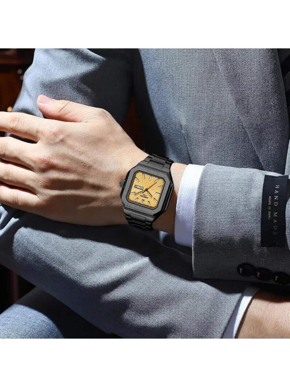 Men's Black Gold Square Analog Quartz Stainless Steel  Waterproof Wrist Watch